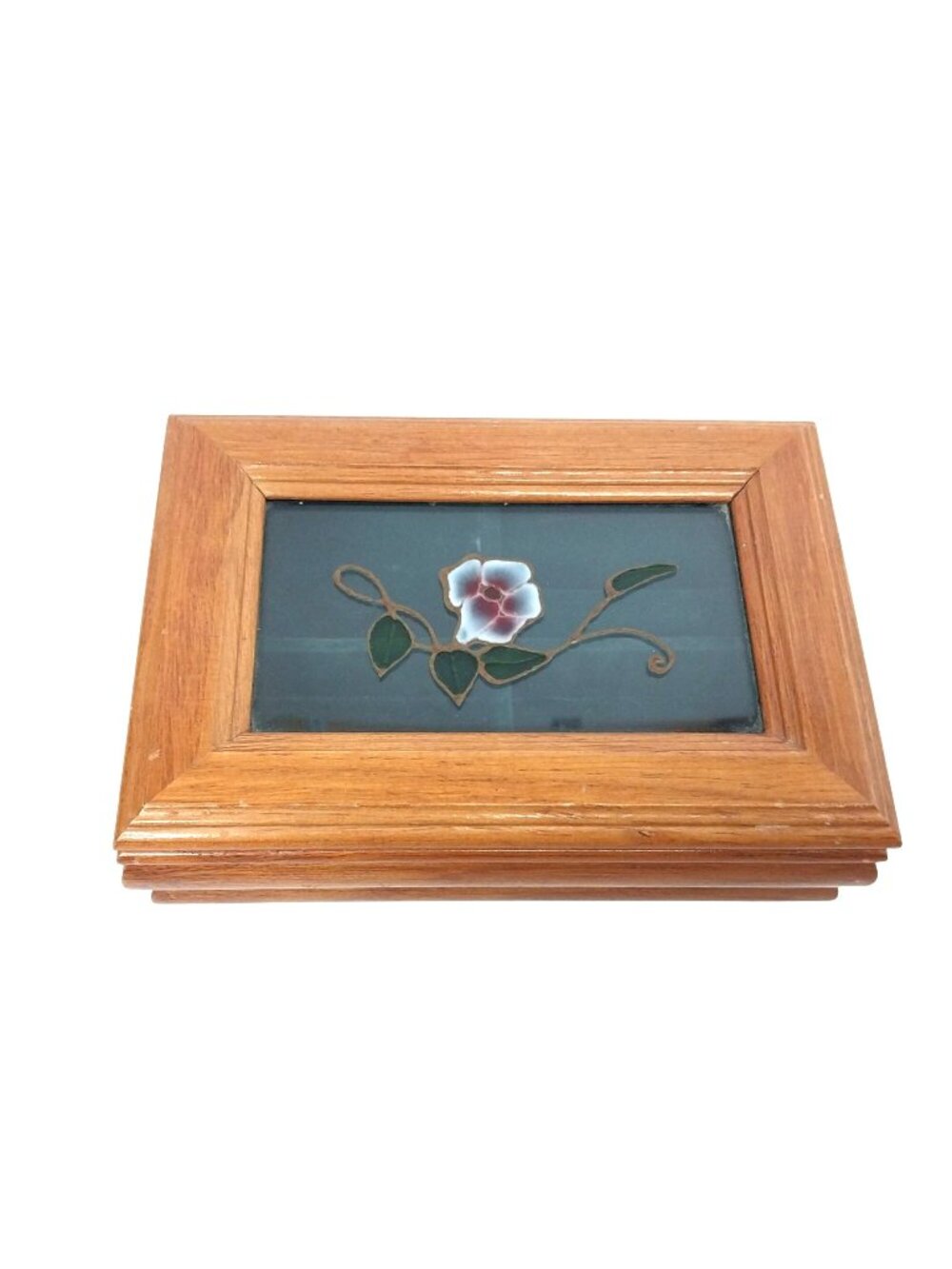 Mele Wooden Jewelry Box Painted Glass Lid Green Velvet Lined